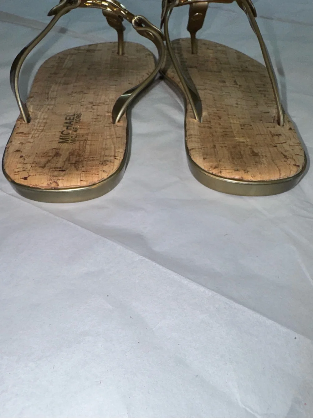 Michael Kors Jelly & Cork Flip Flops MK Charm Logo Sandals Pewter & Gold 6